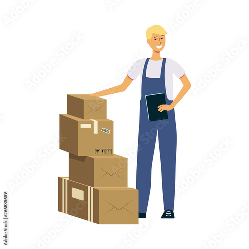 Delivery man with stack of boxes, male cartoon character in courier work uniform