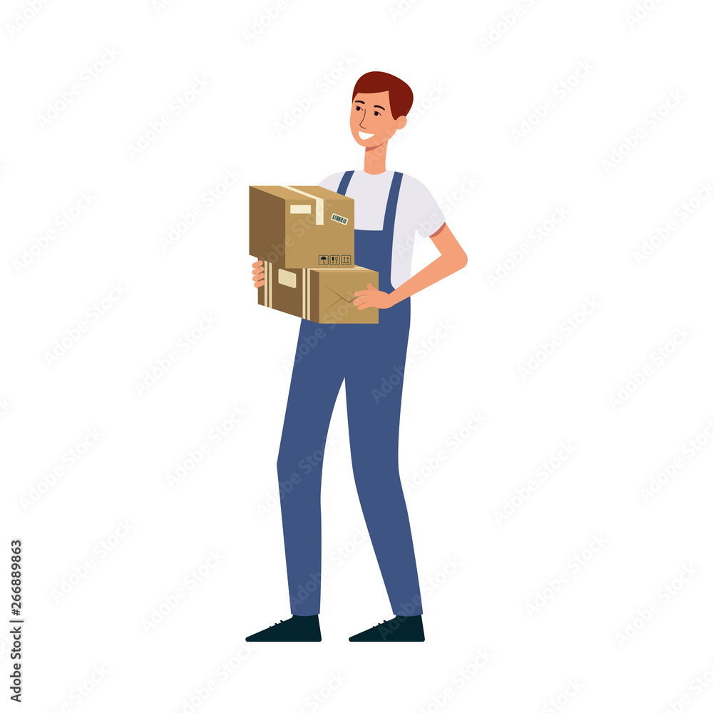 Male courier with delivery man uniform holding cardboard boxes and smiling Male courier with delivery man uniform holding cardboard boxes and smiling