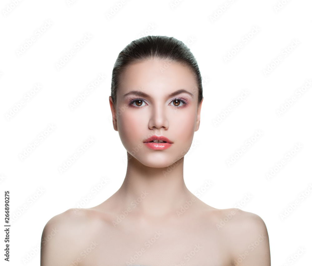 Young woman with healthy clear skin isolated on white. Skincare and facial treatment concept Young woman with healthy clear skin isolated on white. Skincare and facial treatment concept