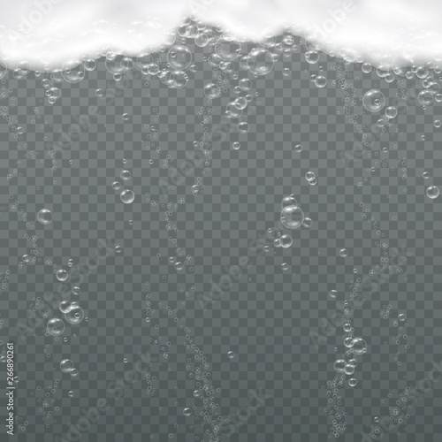Foam with pure oxygen bubbles under water isolated on transparent background. Soap, gel or shampoo underwater texture. Vector realistic soda effect pattern.