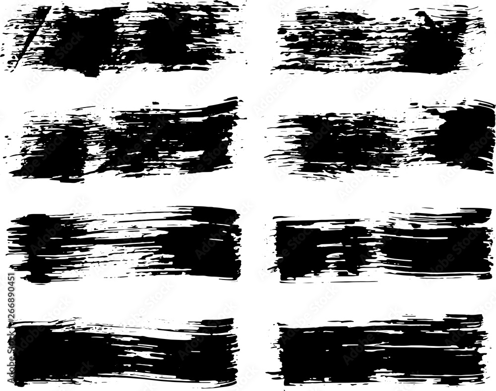 Set of vector brush strokes. Dirty ink texture splatters. Grunge rectangle text boxes.