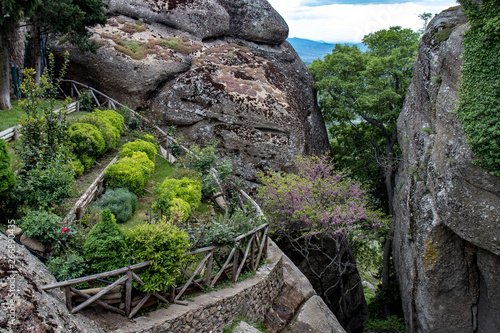 Garden on the mountain near the entrance to Agios Stephanos Monastery in the Meteora Monastery complex in Greece