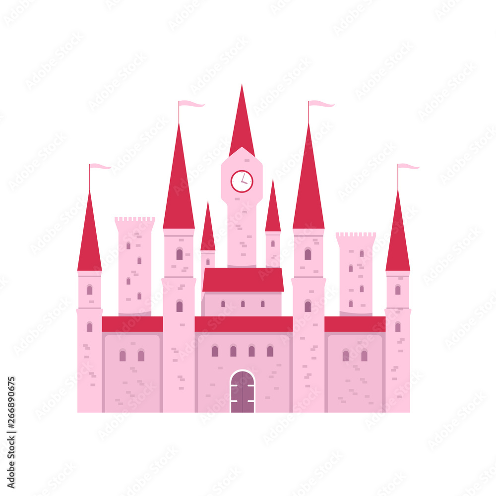 Cute pink fantasy castle with gate and tower clock in flat cartoon style Cute pink fantasy castle with gate and tower clock in flat cartoon style