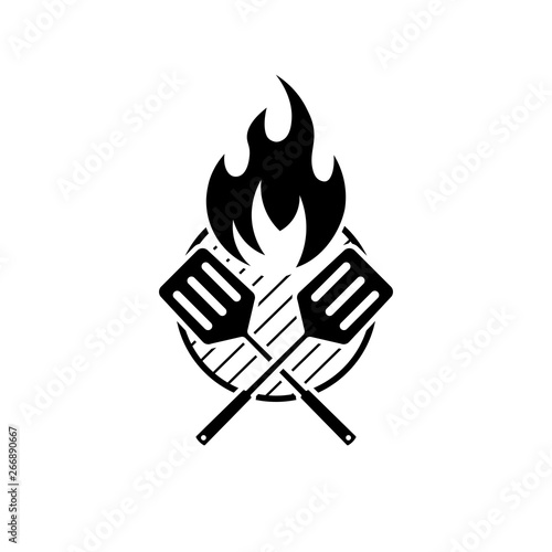 Barbeque sign with grill fire and crossed spatulas. 