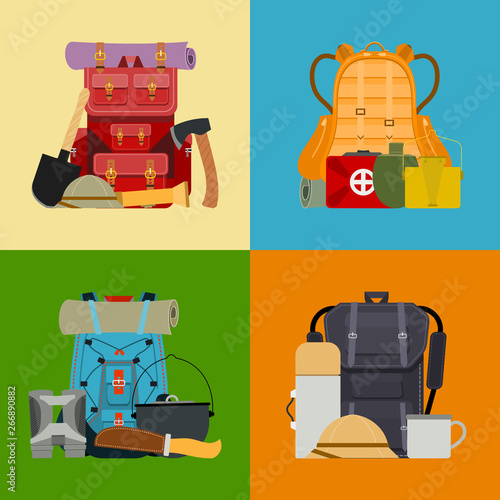 Tourist camping backpack banner, card. Travel accessories vector illustration. Classic styled hiking backpacks with sleeping bags. Camp and hike colorful bags and knapsacks.