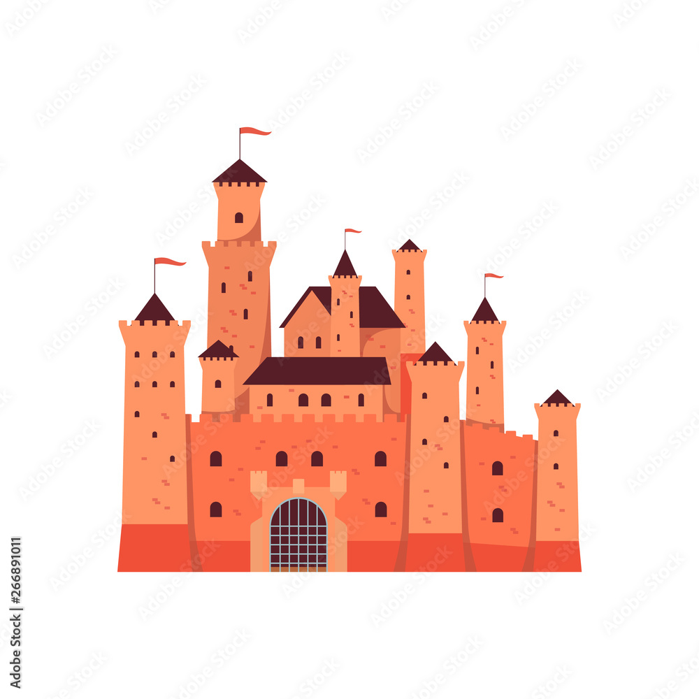 Medieval fantasy fairytale castle towers vector illustration isolated on white.