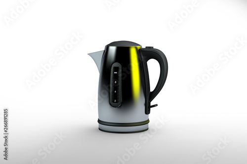 3D rendering electric kettle of silver color on a white background