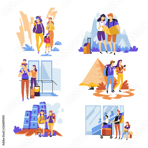 Tourism traveling couples and families vacation or holidays abroad