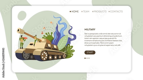 Army soldiers in uniform and tank web page template