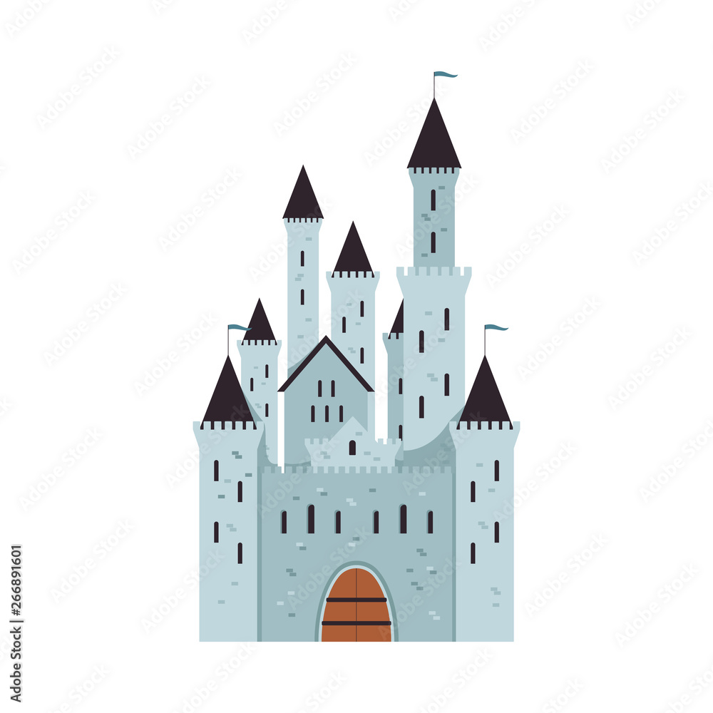 Medieval fantasy castle with towers and flags