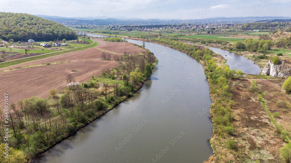 Aerial drone view over Vistula river near Cracow in Poland
