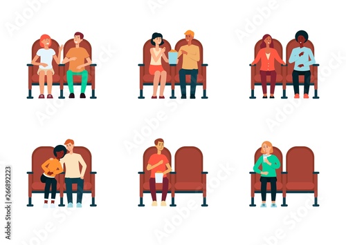 Set of people and couples sitting in cinema cartoon style