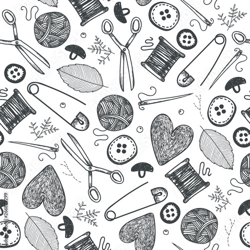 Vector hand made objects, equipment seamless pattern. Hand drawn sewing and needlework doodle icons background. Vintage isolated objects. Needles, scissors, knitting