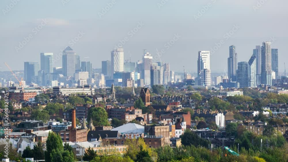 Aerial skyline view of the skyscrapers of Canary Wharf, London, UK. Time lapse. Aerial skyline view of the skyscrapers of Canary Wharf, London, UK. Time lapse.