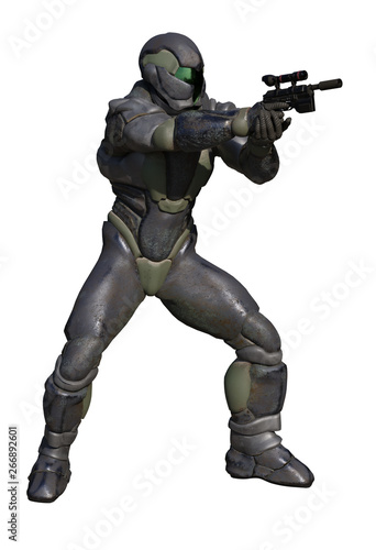 Science fiction illustration of a future marine wearing corroded heavy armour and firing a pistol, 3d digitally rendered illustration