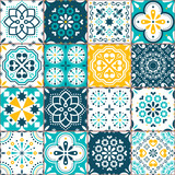 Lisbon Azujelo vector seamless tiles design - Portuguese retro pattern in turqouoise and yellow, tile big collection
