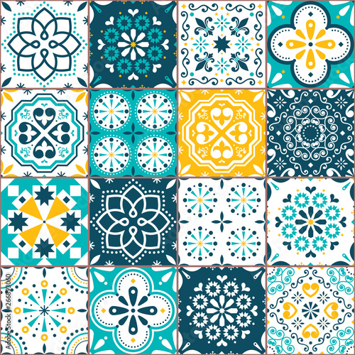 Lisbon Azujelo vector seamless tiles design - Portuguese retro pattern in turqouoise and yellow, tile big collection