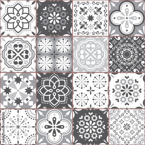 Lisbon Azujelo vector seamless tiles design - Portuguese retro gray pattern, tile big collection