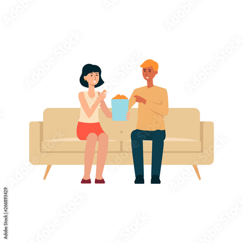 Couple sitting on couch and eating popcorn cartoon style