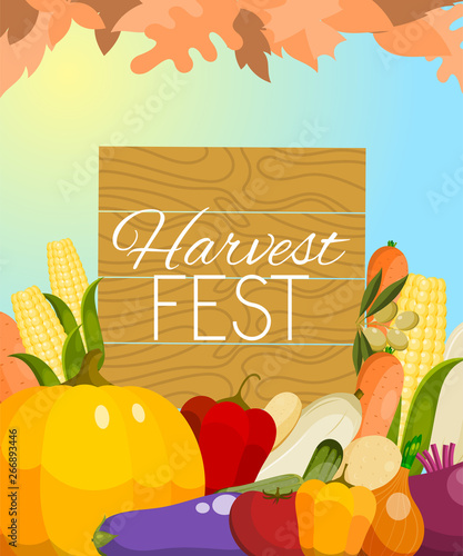 Harvest fest with vegetable banner, poster vector illustration. Farm market. Vegetarian, natural and organic products. Healthy lifestyle with fresh food. Includes pepper, tomato.