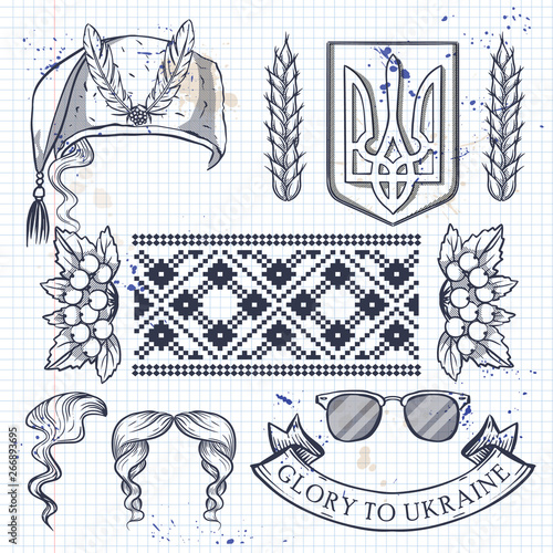 Hand drawn sketch, Ukrainian ethnic features on a notebook page