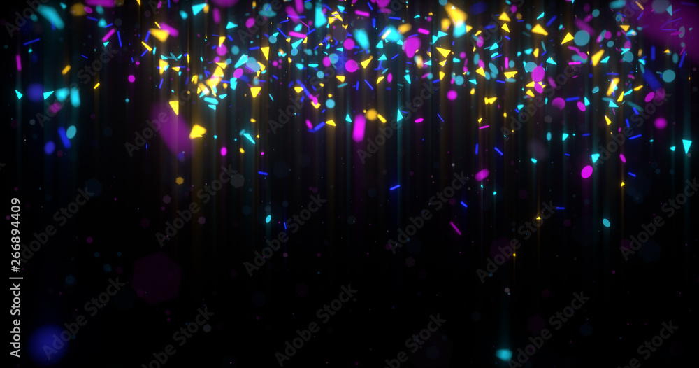 Abstract neon 3d rendered background. Geometrical elements and particles fly on black. Colorful concept for night party poster or banner. - obrazy, fototapety, plakaty 