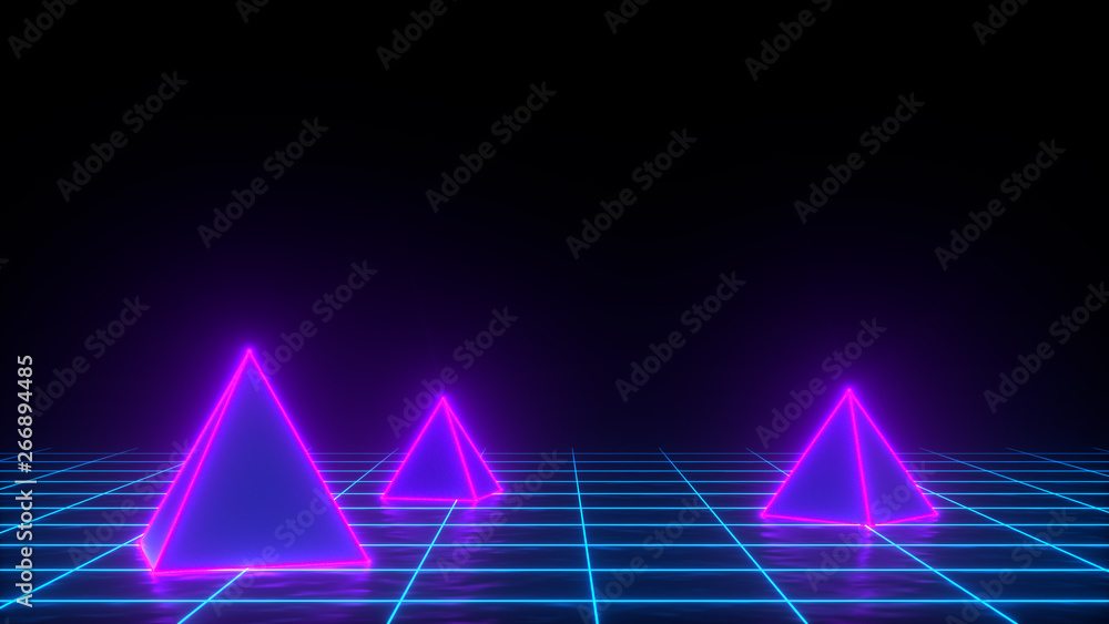 3d render of neon pyramid on grid background. Banner design. Retrowave, synthwave, vaporwave illustration. Party and sales concept