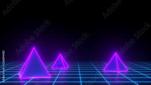 3d render of neon pyramid on grid background. Banner design. Retrowave, synthwave, vaporwave illustration. Party and sales concept