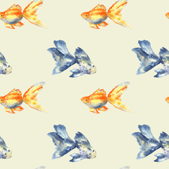 Wandcirkels Goudvis patronen Blauwe vis en goudvis op beige  © Taity