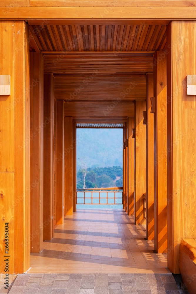 Beautiful Japanese Conservative Wood Terrace and Fence with Outdoor Pagola and Lake. Beautiful Japanese Conservative Wood Terrace and Fence with Outdoor Pagola and Lake.