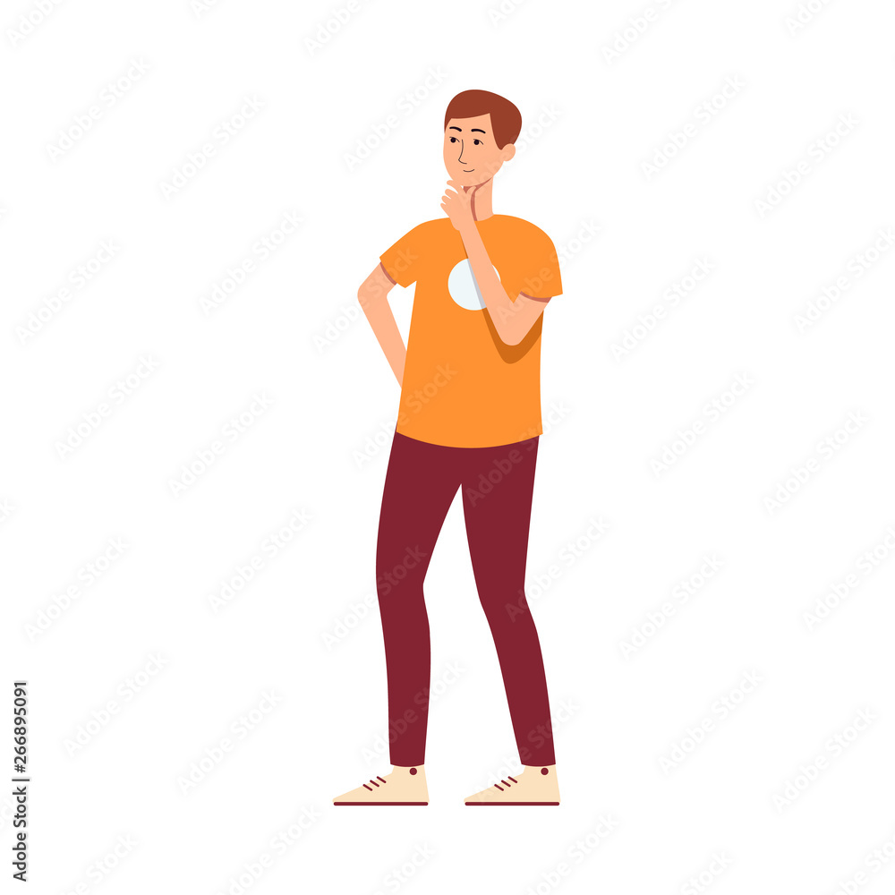 Young guy or man thinks and finds a solution flat vector illustration isolated.