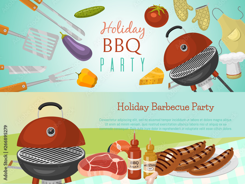 Barbeque picnic party banner meat steak roasted on round hot barbecue ...