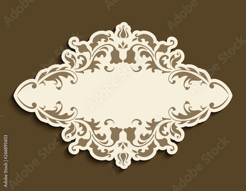 Vintage frame with cutout border pattern. Swirly flourish vignette. Elegant label with floral ornament. Vector decoration for wedding invitation card design with place for text.