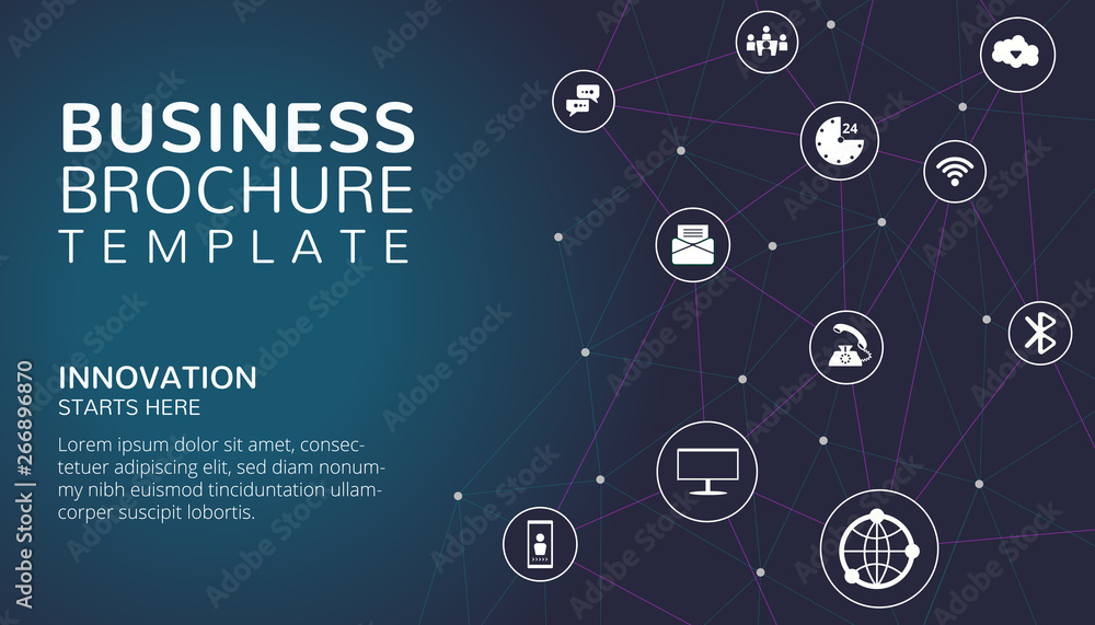 Business brochure template design with icons and text on blue background. Business brochure template design with icons and text on blue background.
