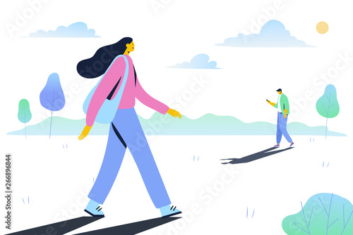 People walking and have a rest outdoor in park. Park background. PrettyGirl with bag in casual clothes and guy texting on phone. Flat vector illustration.