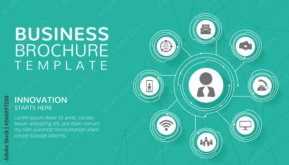 Business brochure template design with technological icons and text on blue background. Business brochure template design with technological icons and text on blue background.