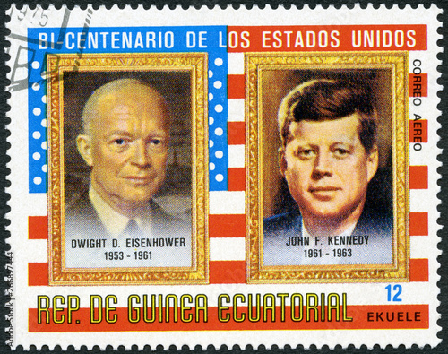 EQUATORIAL GUINEA - 1975: shows Presidents John Fitzgerald Kennedy (1917-1963) and Dwight D. Eisenhower (1890-1969), commemorating the bicentennial of the USA photo
