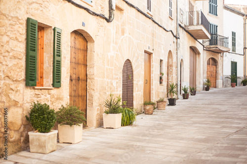 a small cosy street on Mallorca, Spain  green plants in pots standing outside along walls © karelian