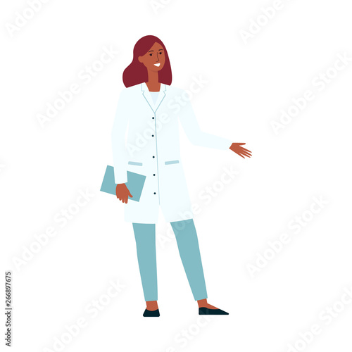 Medical female doctor standing and gesticulating cartoon style