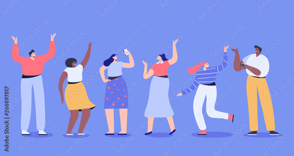 Obraz premium Group of male and female cartoon characters having fun. Happy friends. Flat colorful vector illustration in modern flat style.