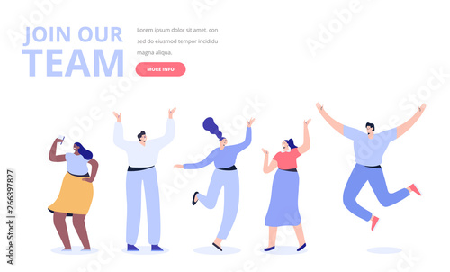 Young people vector set. Join our team concept. Creative team characters. Discussion people. Team thinking and talking. Flat vector illustration.