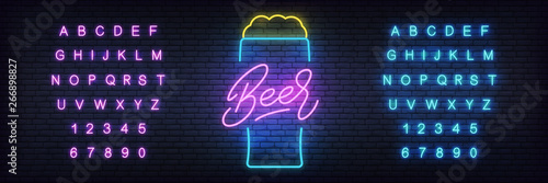 Beer neon template. Glowing lettering beer sign for bar, pub, restaurant, club.