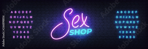 Sex shop neon template. Glowing night bright lettering vector sign for adult sex shop advertisement.