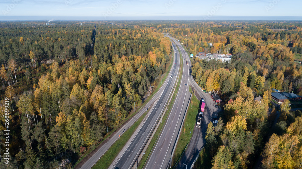 High-speed suburban highway in autumn forest, aerial view