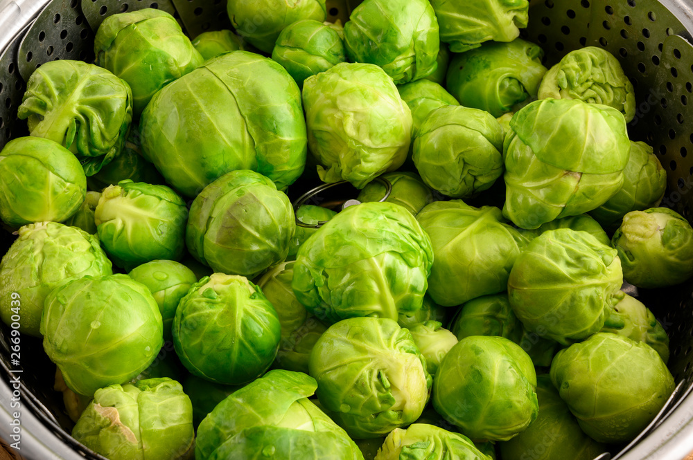 Raw Brussels sprouts in steam cooker Raw Brussels sprouts in steam cooker