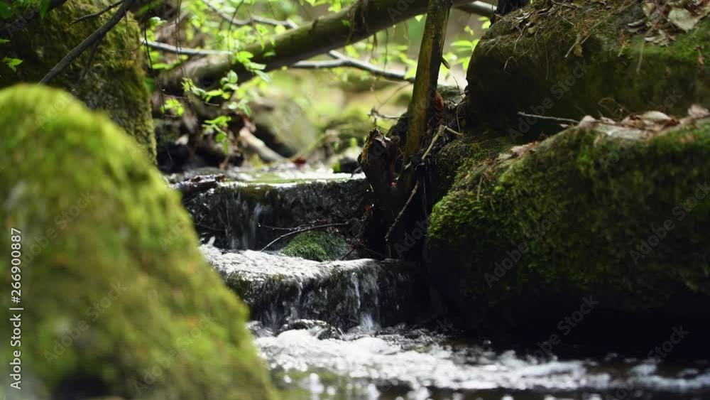 Small waterfall in the forest on a stream. Slow motion. Big rocks with a moss. Small waterfall in the forest on a stream. Slow motion. Big rocks with a moss.