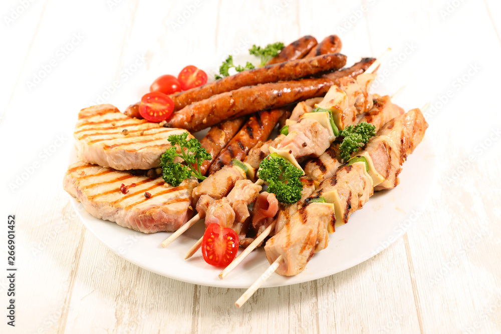 grilled meat, sausage, skewer and pork chop