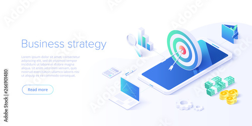 Business strategy isometric vector illustration. Data analytics for company marketing solutions or financial performance. Budget accounting or statistics concept.