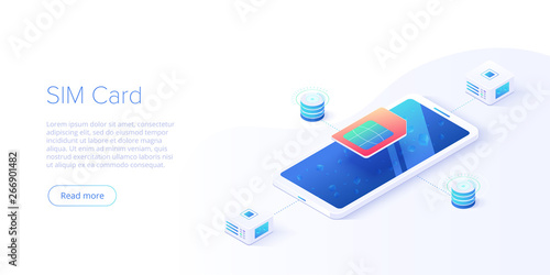 SIM card concept in isometric vector illustration. Mobile network with esim microchip technology. Web banner layout template.
