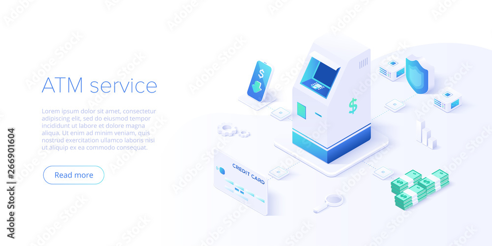 © Graf Vishenka - ATM machine concept in isometric vector illustration. Cash machine withdrawal or online money transfer. Internet banking smartphone pay. Website banner or webpage layout template. © Graf Vishenka - ATM machine concept in isometric vector illustration. Cash machine withdrawal or online money transfer. Internet banking smartphone pay. Website banner or webpage layout template.